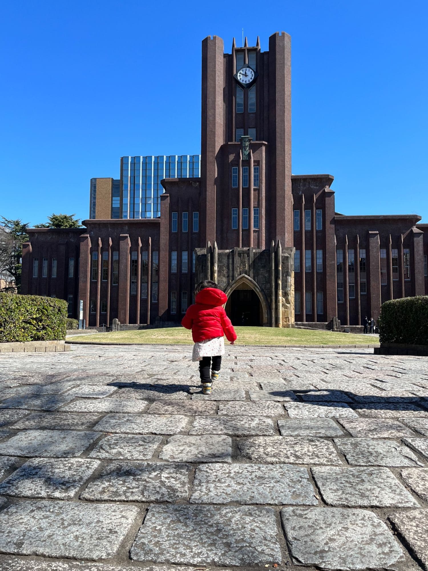 東京大学 安田講堂に向かって石畳を駆けていく、赤いコートを着た幼い娘の後ろ姿